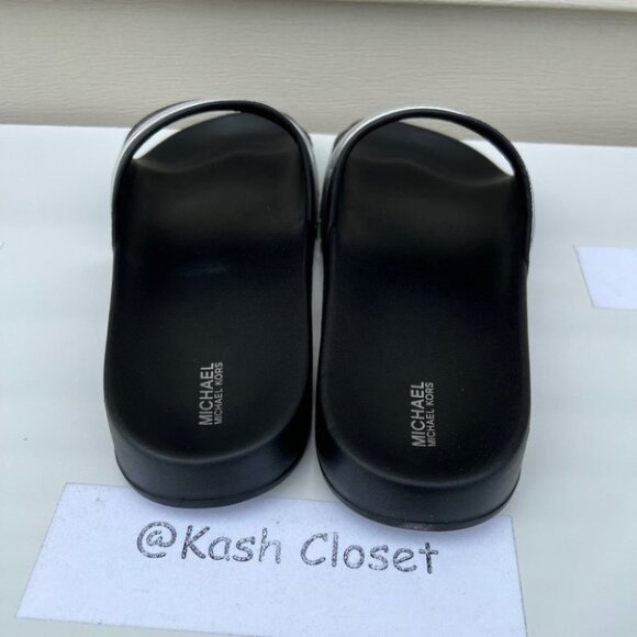 Michael Kors Brandy Metallic Striped Logo Slide Sandal- Black Multi - Picture 3 of 5